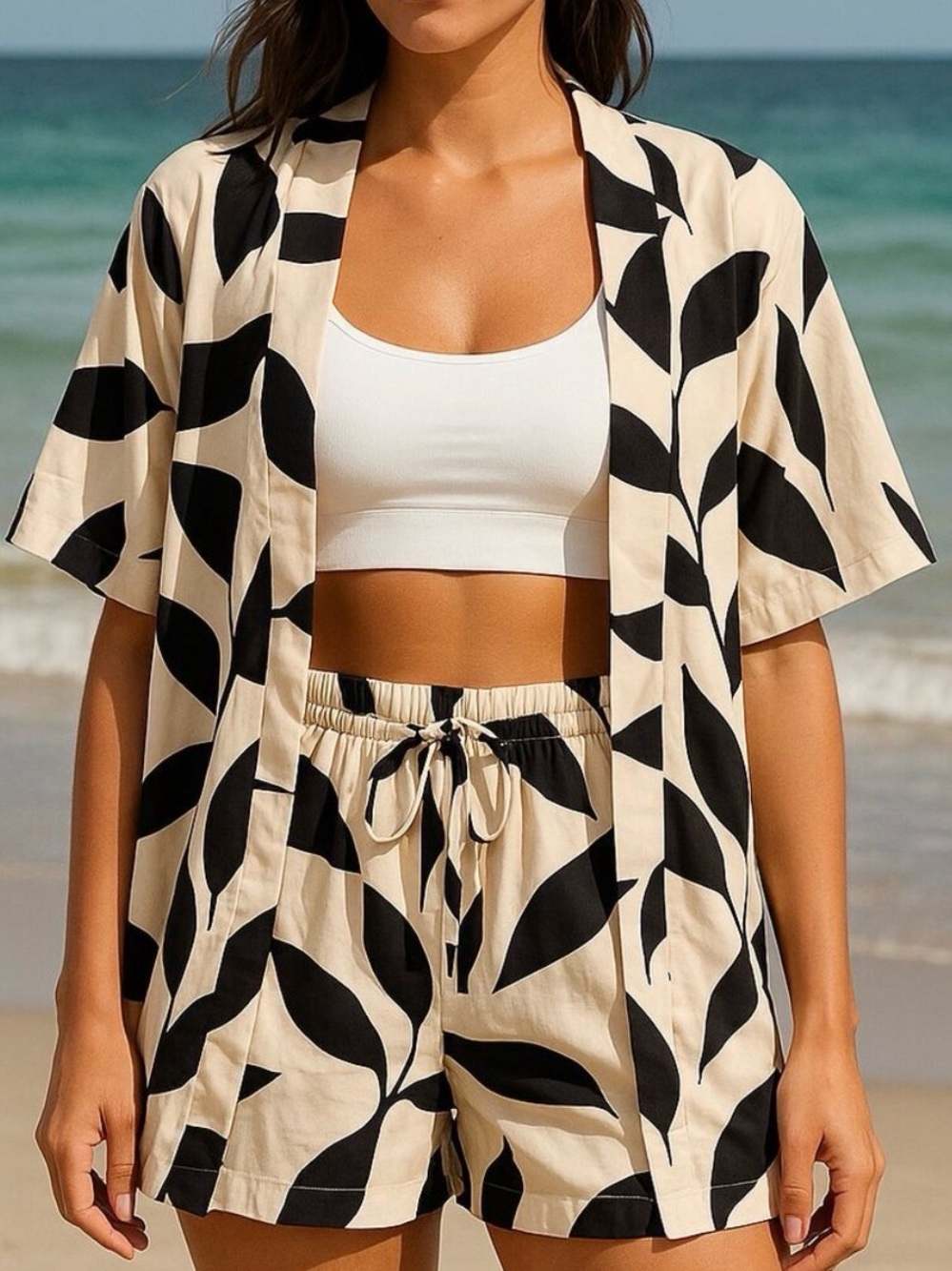 Women’s Black Cream Leaf Print Matching Set Kimono Top Shorts Resort Size XL